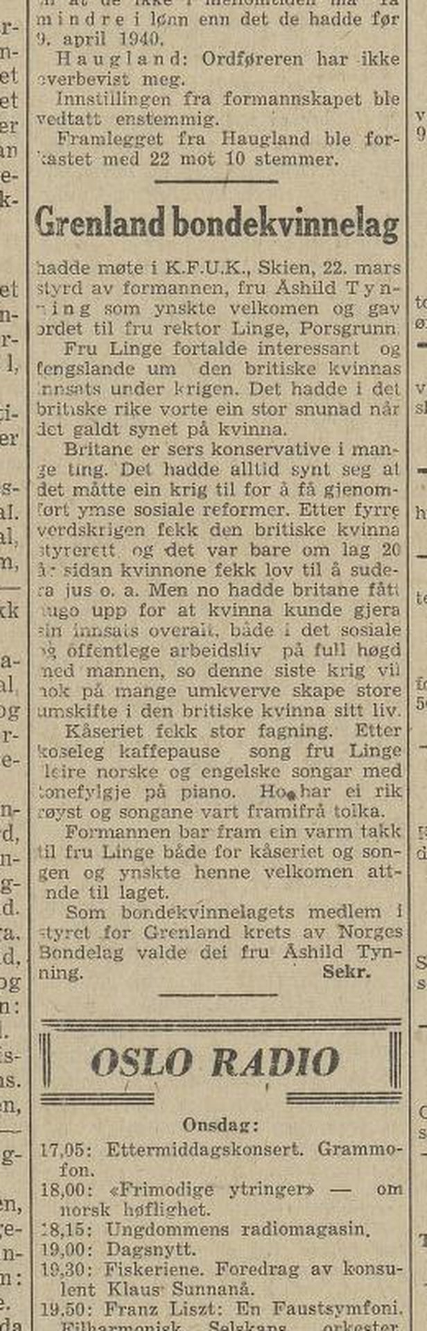 Avisreferat fra et møte i Grenland Bondekvinnelag ledet av Åshild Tynning i mars 1946.