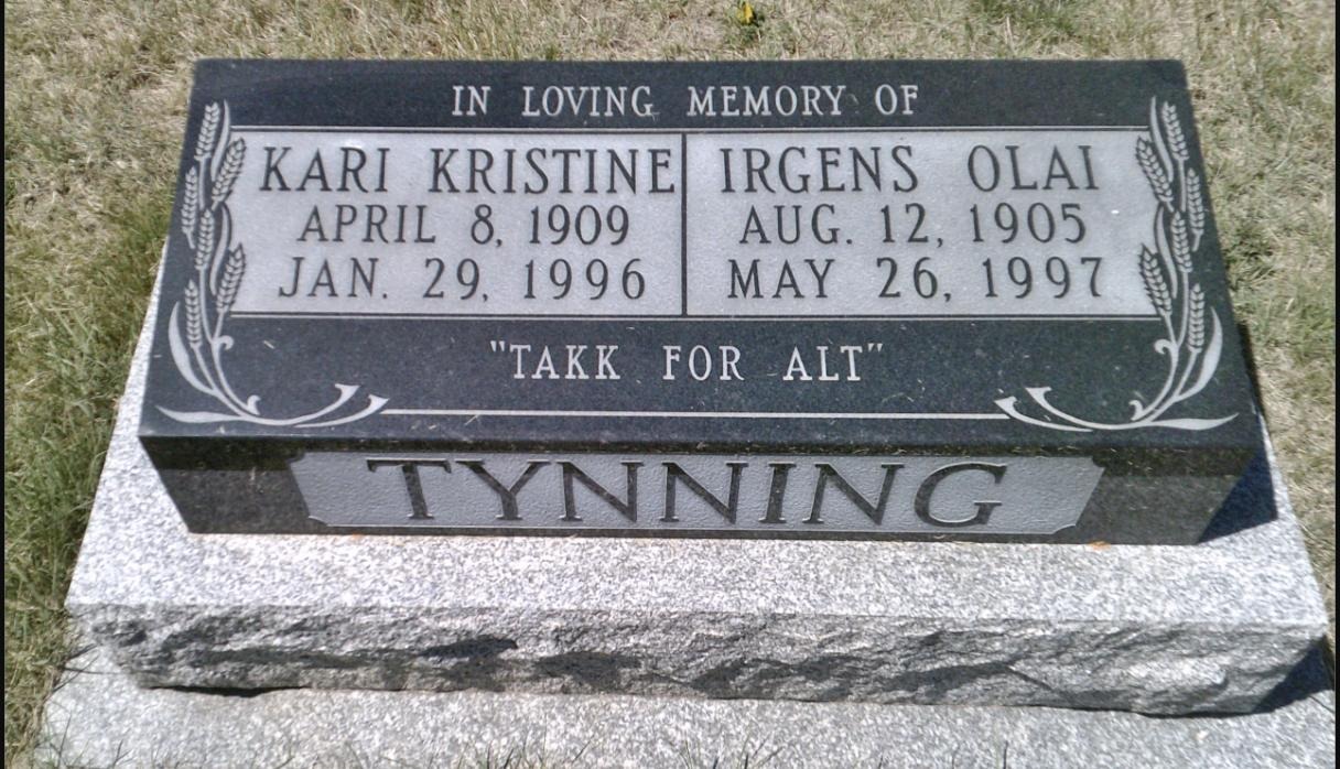 Gravsteinen til Kari Kristine og Irgens Olai Tynning på Horse Butte Cemetery