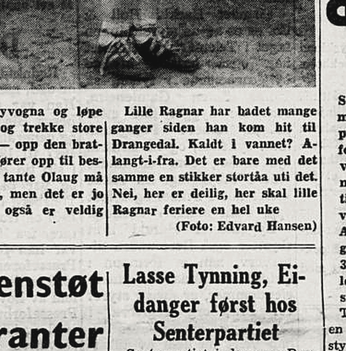Avisutklipp fra 1963 med overskriften «Lasse Tynning, Eidanger først hos Senterpartiet».