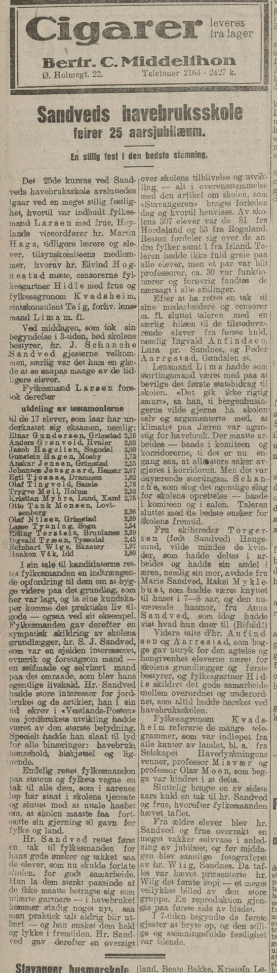 Avisutklipp fra 1920 om Sandveds hagebruksskole, med eksamensresultatet til Lasse Tynning fra Sogn.