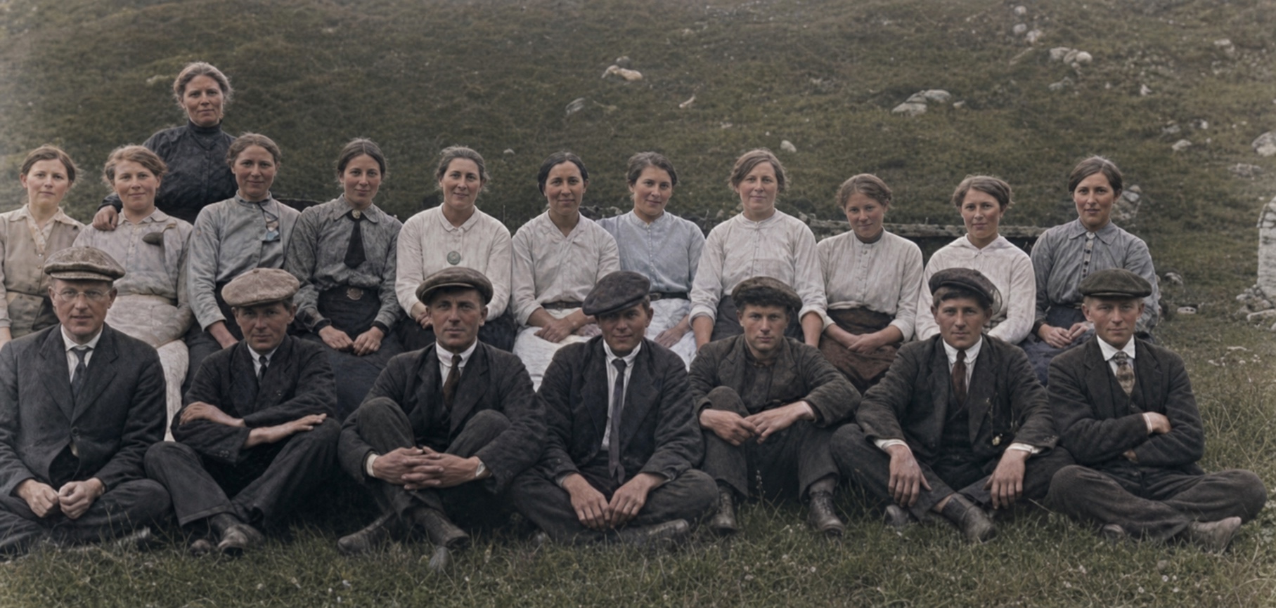 Stølsjenter og brislingfiskere på Hauglandstølen omkring 1925, med Betsy Tynning blant kvinnene