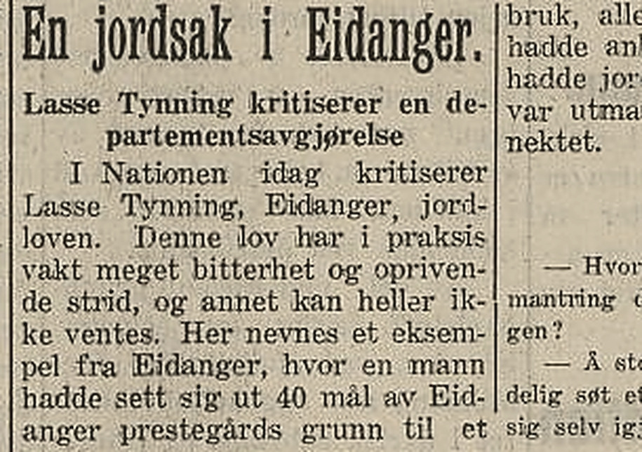 Avisutklipp fra Breviksposten i 1930 med overskriften «En jordsak i Eidanger» og Lasse Tynnings kritikk av en departementsavgjørelse.