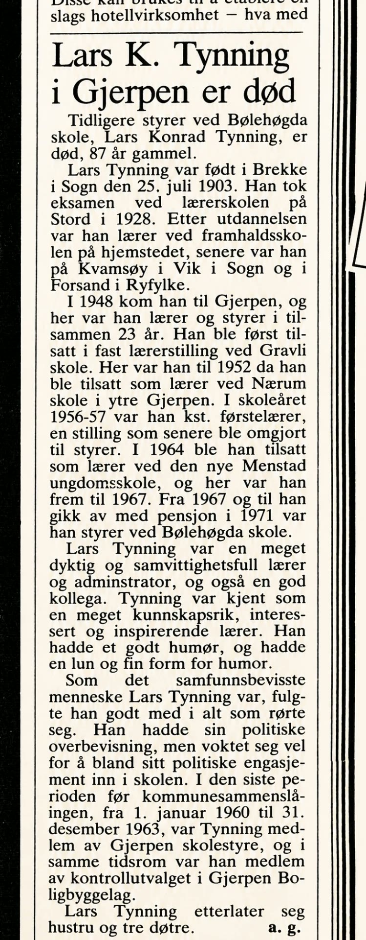 Avisutklipp med minneord om Lars Konrad Tynning i Varden 12. desember 1990