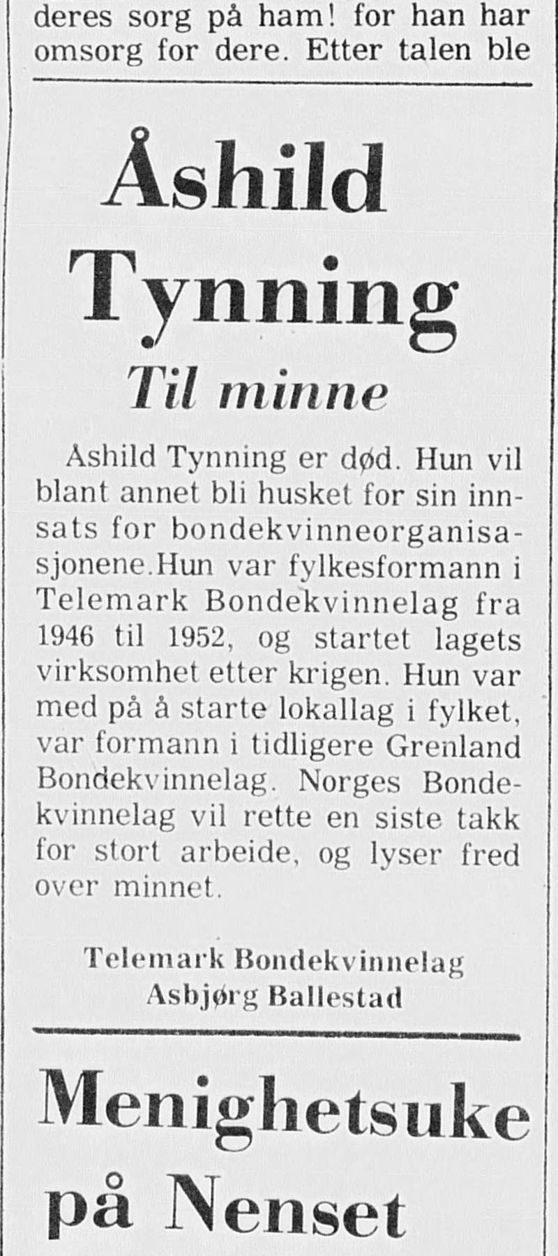 Minneord over Åshild Tynning fra Telemark Bondekvinnelag i 1974.