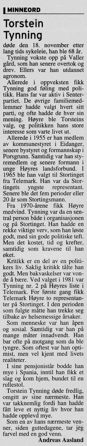 Minneord om Torstein Tynning skrevet av Andreas Aasland, Porsgrunns Dagblad 21. november 2000.