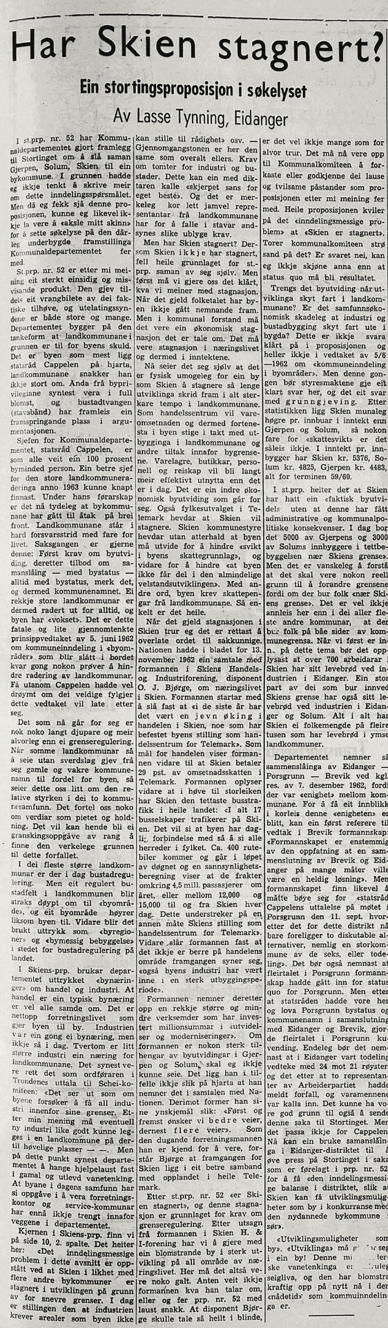 Hel avisartikkel fra 1963 med overskriften «Har Skien stagnert?» og bylinjen «Av Lasse Tynning, Eidanger».