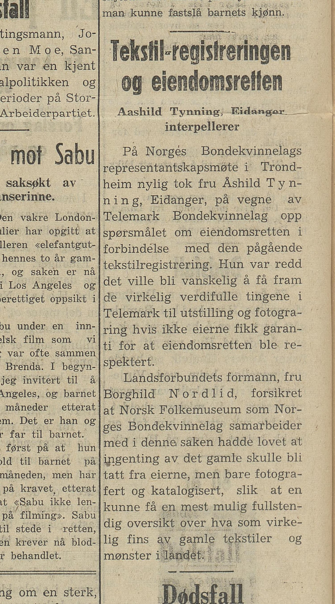 Avisutklipp fra 1950 med overskriften «Tekstil-registreringen og eiendomsretten» og navnet Åshild Tynning.