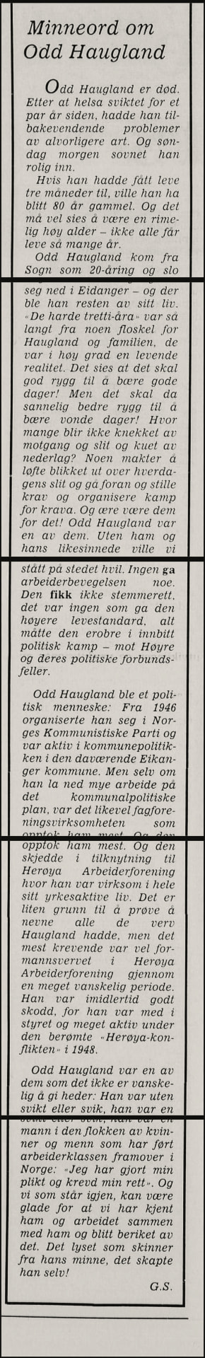 Faksimile av minneordet om Odd Haugland i avisen Friheten, 8. april 1988.