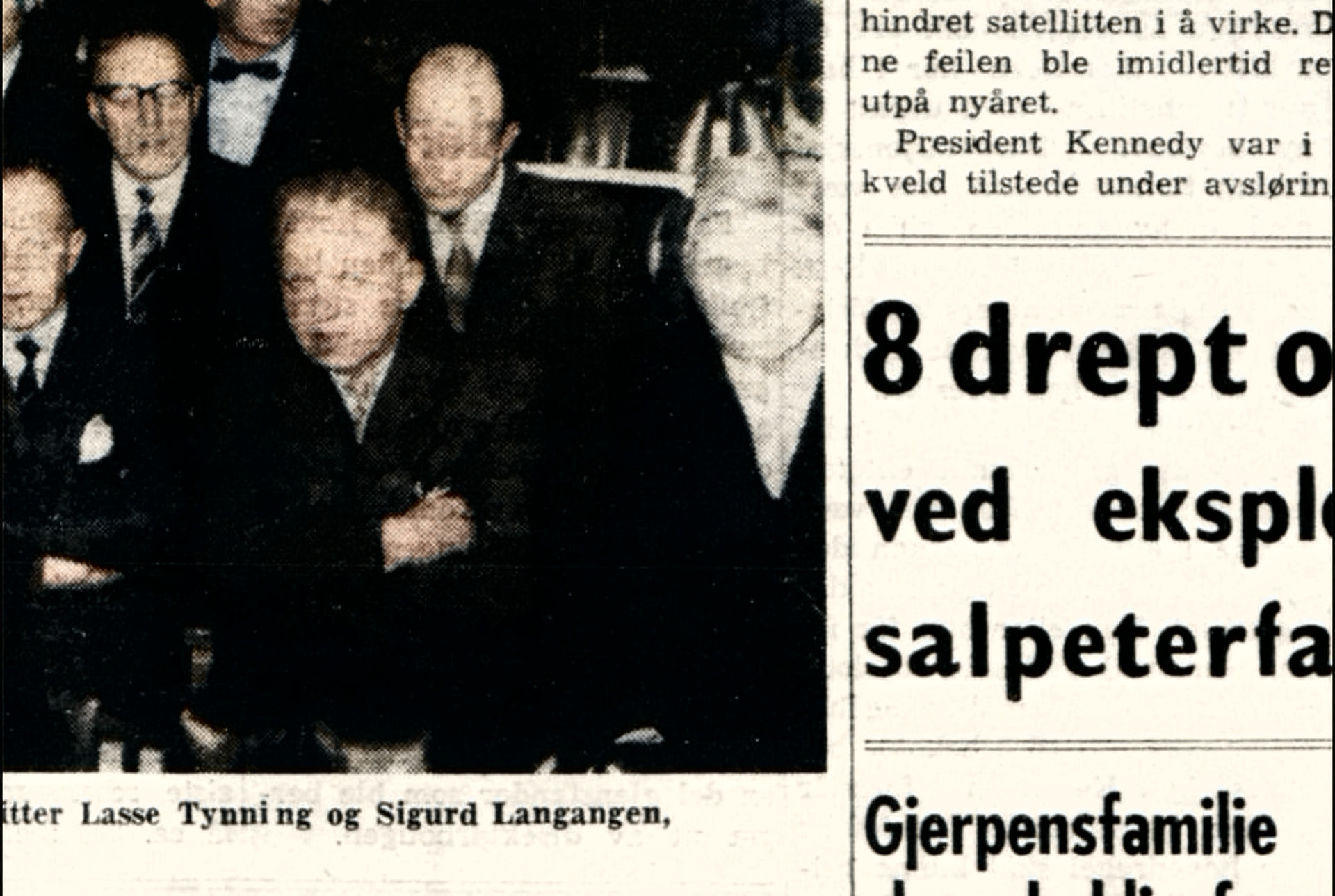 Pressefotografi fra navnemøtet for den nye storkommunen i januar 1963, med Lasse Tynning lengst til venstre ved siden av Sigurd Langangen.