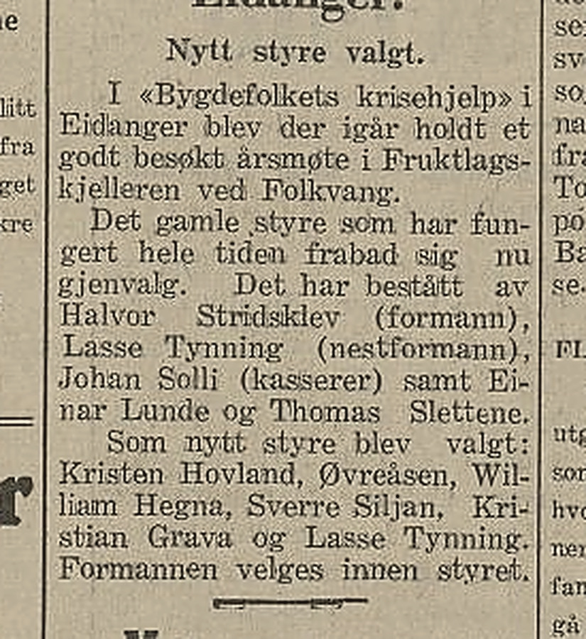 Avisnotis fra 1935 om årsmøtet i Bygdefolkets krisehjelp i Eidanger og valget av Lasse Tynning til styret.