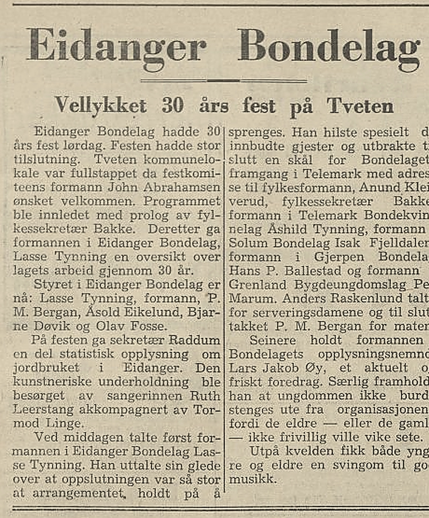 Avisreferat fra Eidanger Bondelags trettiårsfest i 1947 med Lasse Tynning som formann.