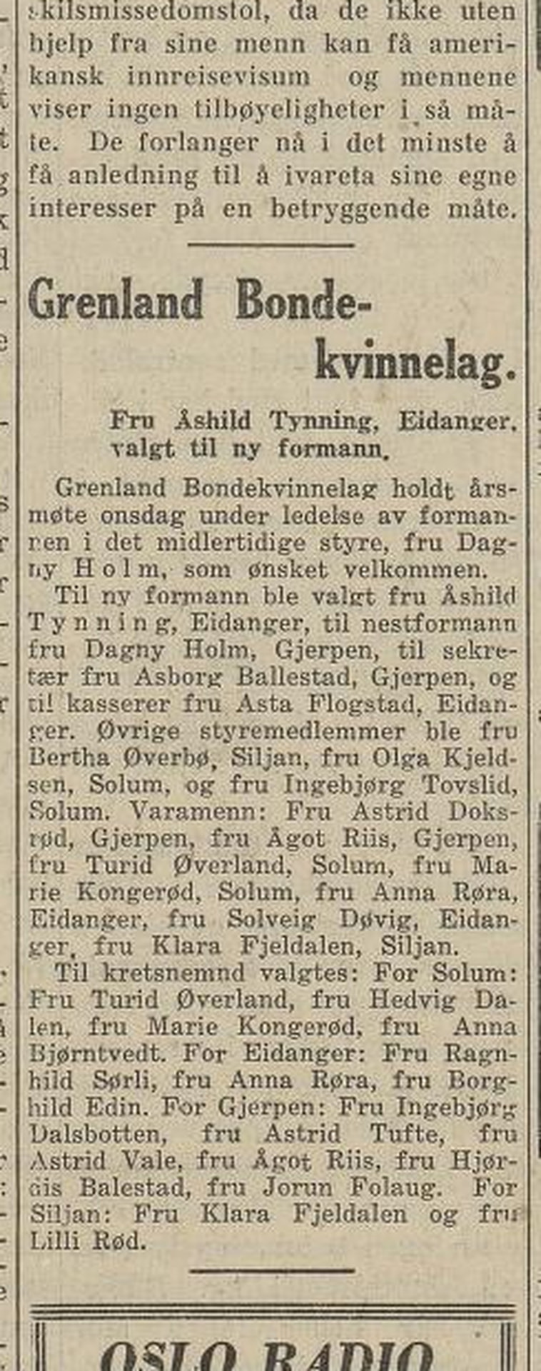 Avisutklipp fra 1946 med overskriften «Grenland Bondekvinnelag» og melding om at Åshild Tynning ble valgt til formann.