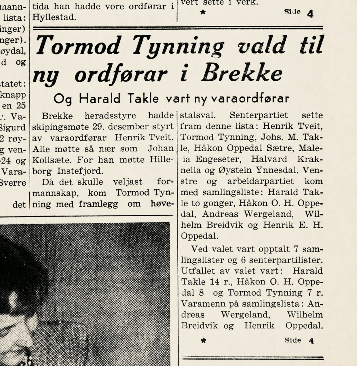 Avisutklipp fra Sogn og Fjordane 4. januar 1960 om ordførervalget i Brekke
