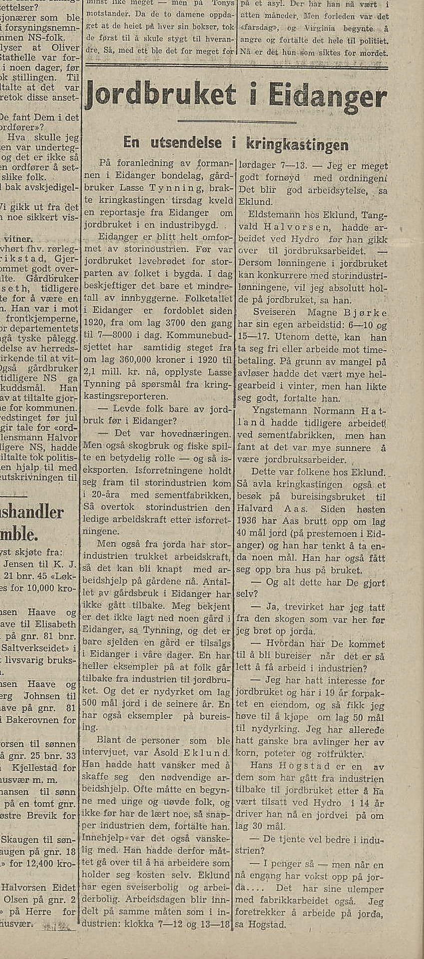Avisartikkelen «Jordbruket i Eidanger» fra 1947 om en NRK-reportasje som kom i stand på initiativ fra Lasse Tynning.