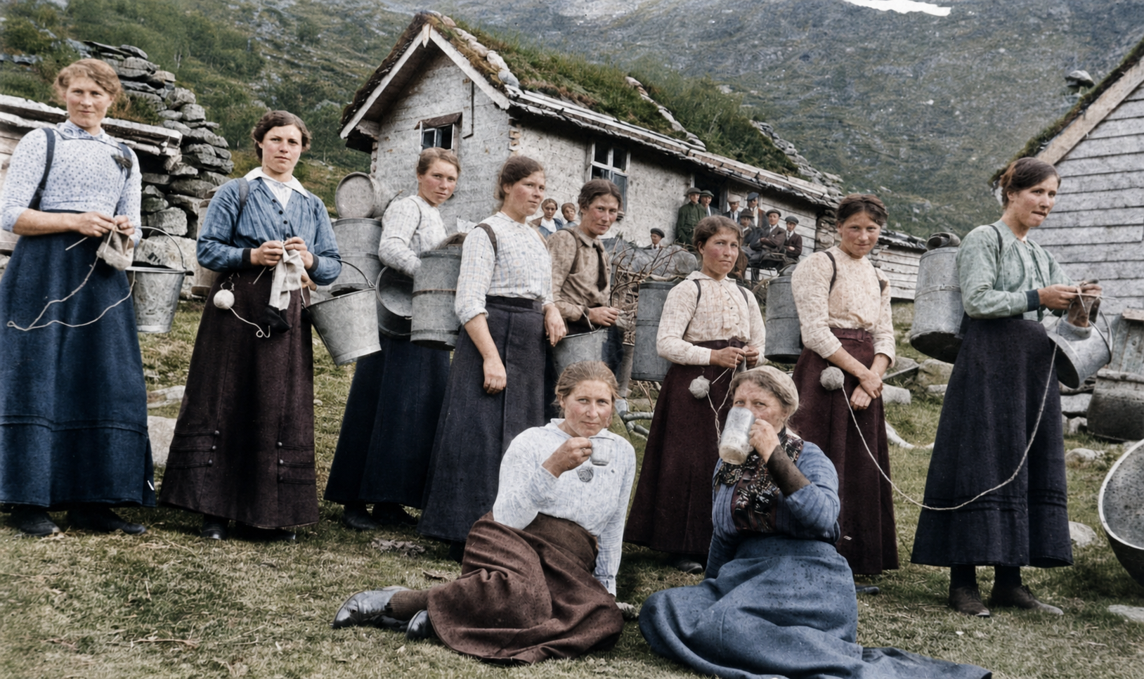 Ti stølsjenter med melkespann og strikketøy på Hauglandstølen, med Betsy Tynning blant kvinnene