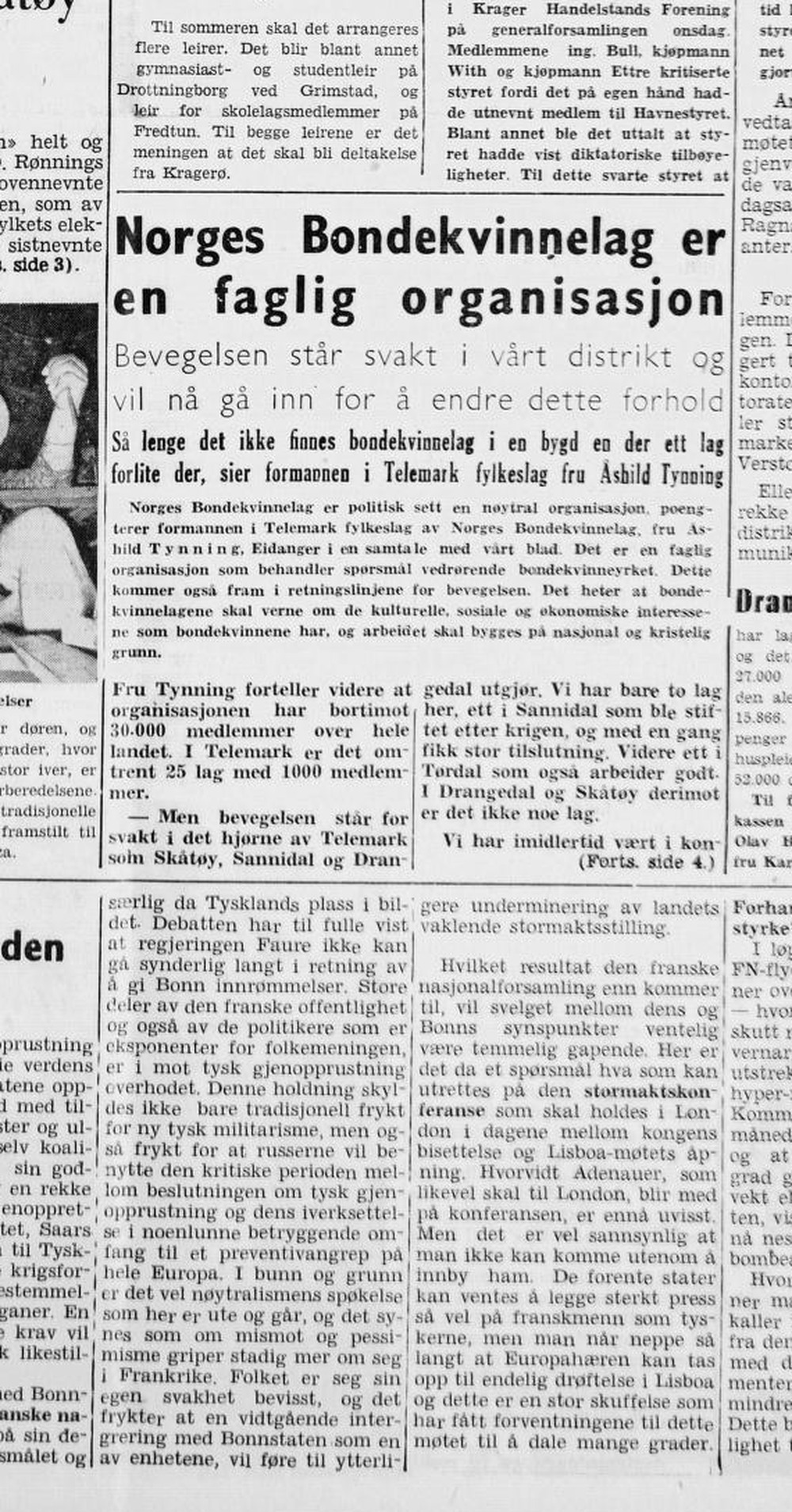 Avisutklipp fra Kragerø Blad i 1952 med overskriften «Norges Bondekvinnelag er en faglig organisasjon».