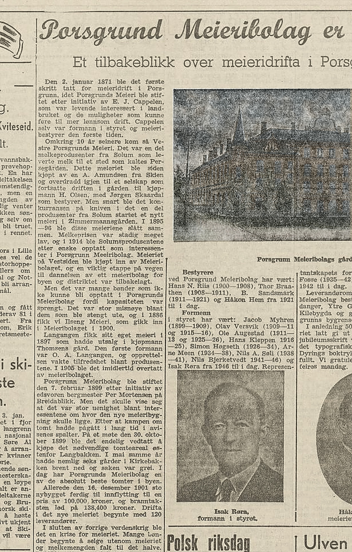 Avisartikkel fra 1949 om Porsgrund Meieribolags femtiårsjubileum og jubileumsskriftet ved Lasse Tynning.