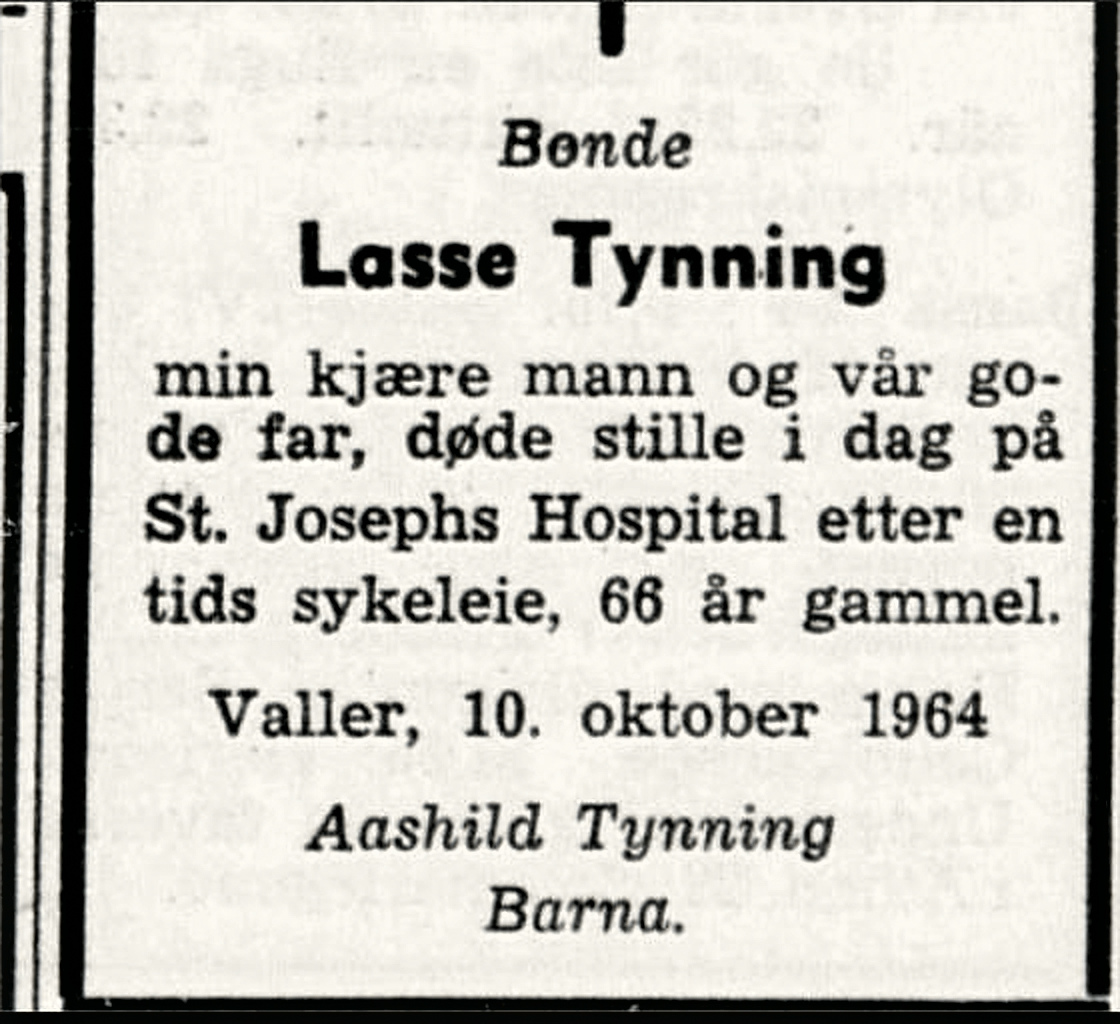 Dødsannonsen etter Lasse Tynning i Porsgrunns Dagblad 12. oktober 1964, underskrevet Aashild Tynning og barna.
