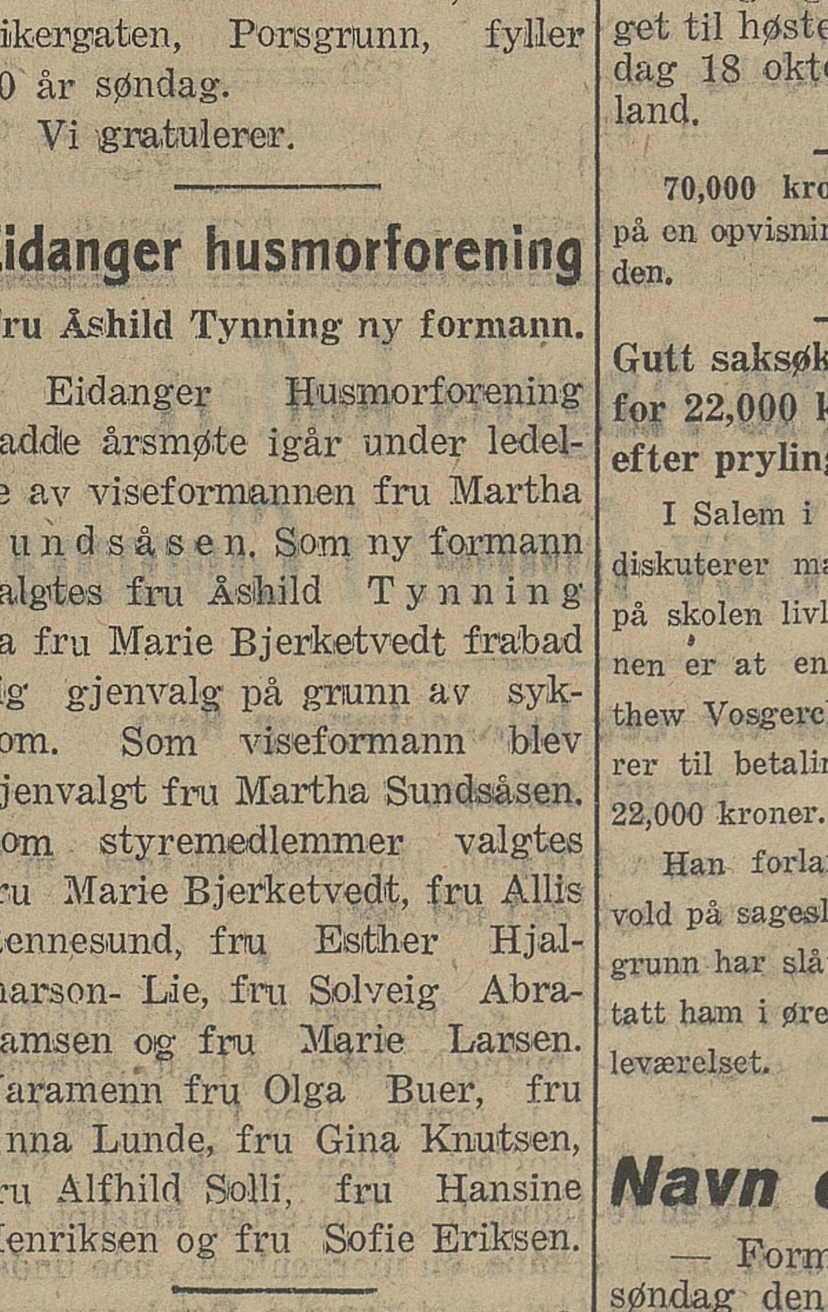 Avisutklipp fra 1937 om valget av Åshild Tynning som formann i Eidanger husmorforening.