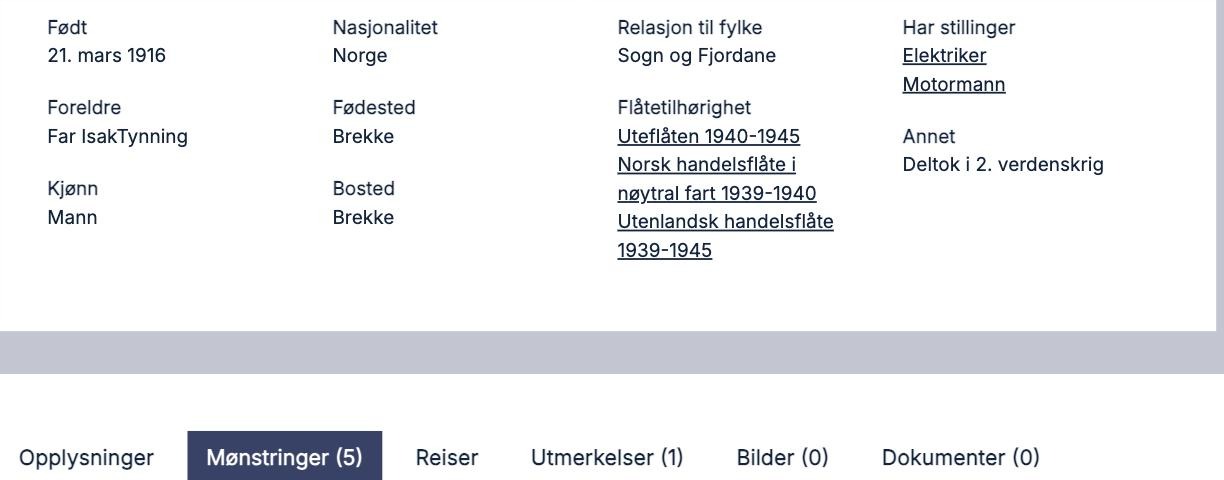 Skjermutsnitt av sjømannsprofilen til Sverre Tynning i Krigsseilerregisteret