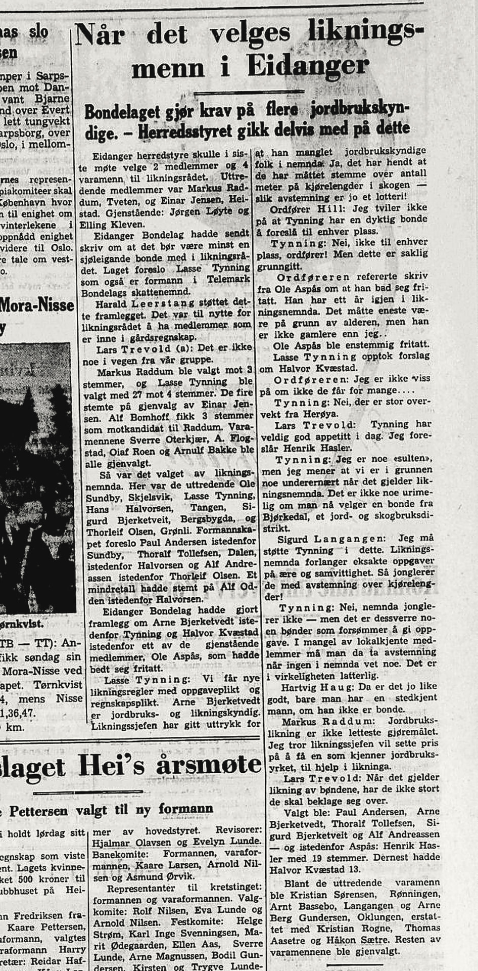 Avisreferat fra 1952 med overskriften «Når det velges likningsmenn i Eidanger» og omtale av Lasse Tynning.