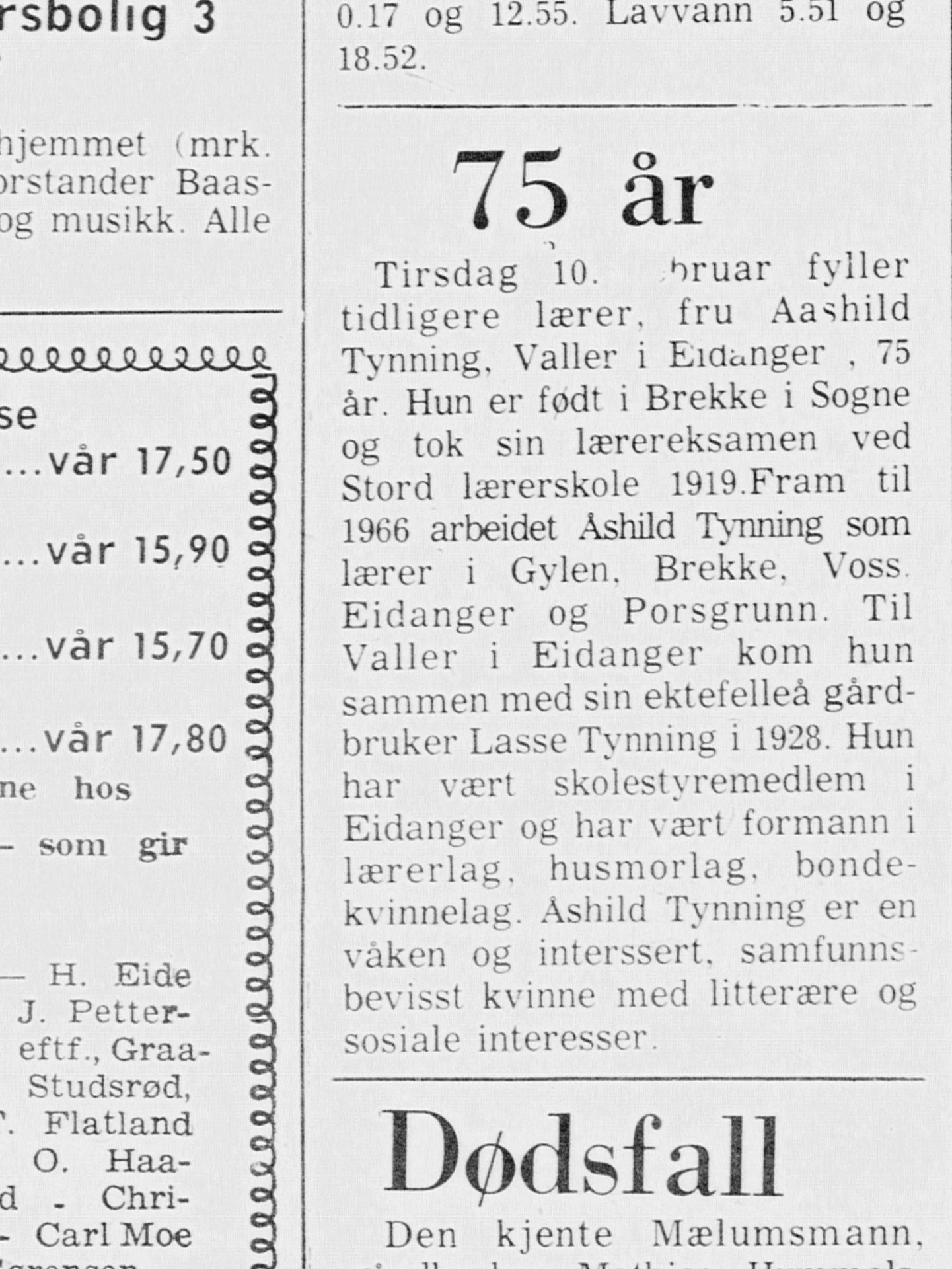 Avisens 75-årsomtale av Åshild Tynning i februar 1972.