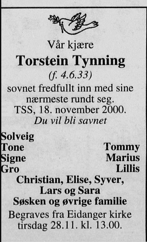 Dødsannonsen for Torstein Tynning i Porsgrunns Dagblad 21. november 2000.