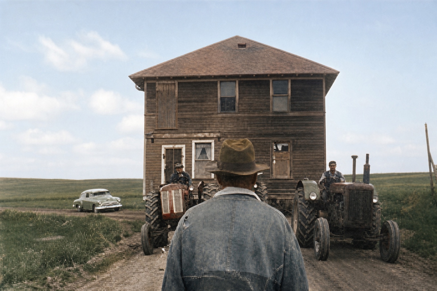 Irgens Olai Tynning dirigerer et hus på plass mellom traktorer på prærien ved Kyle i Saskatchewan