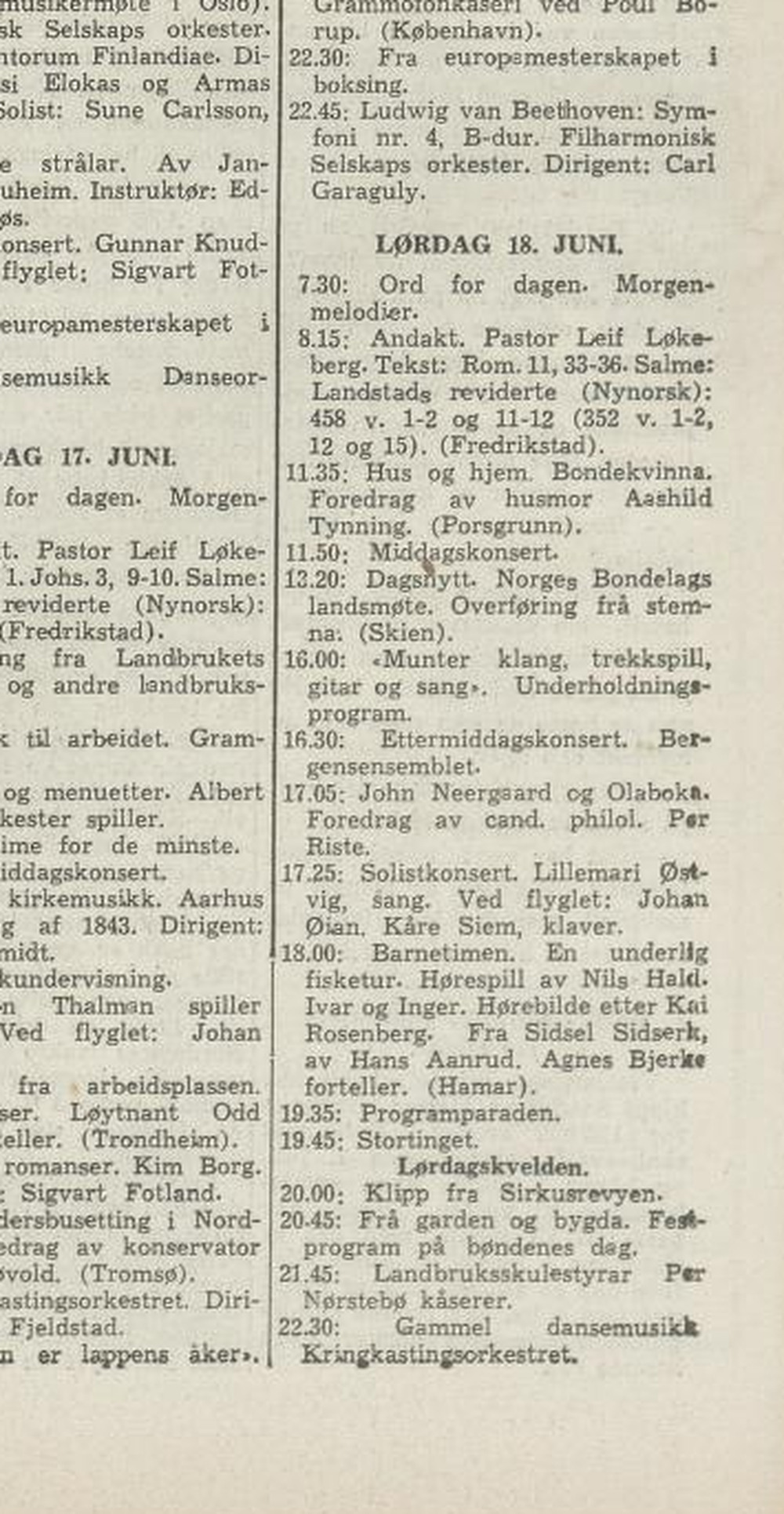 NRKs radioprogram for lørdag 18. juni 1949 med foredrag av husmor Åshild Tynning.