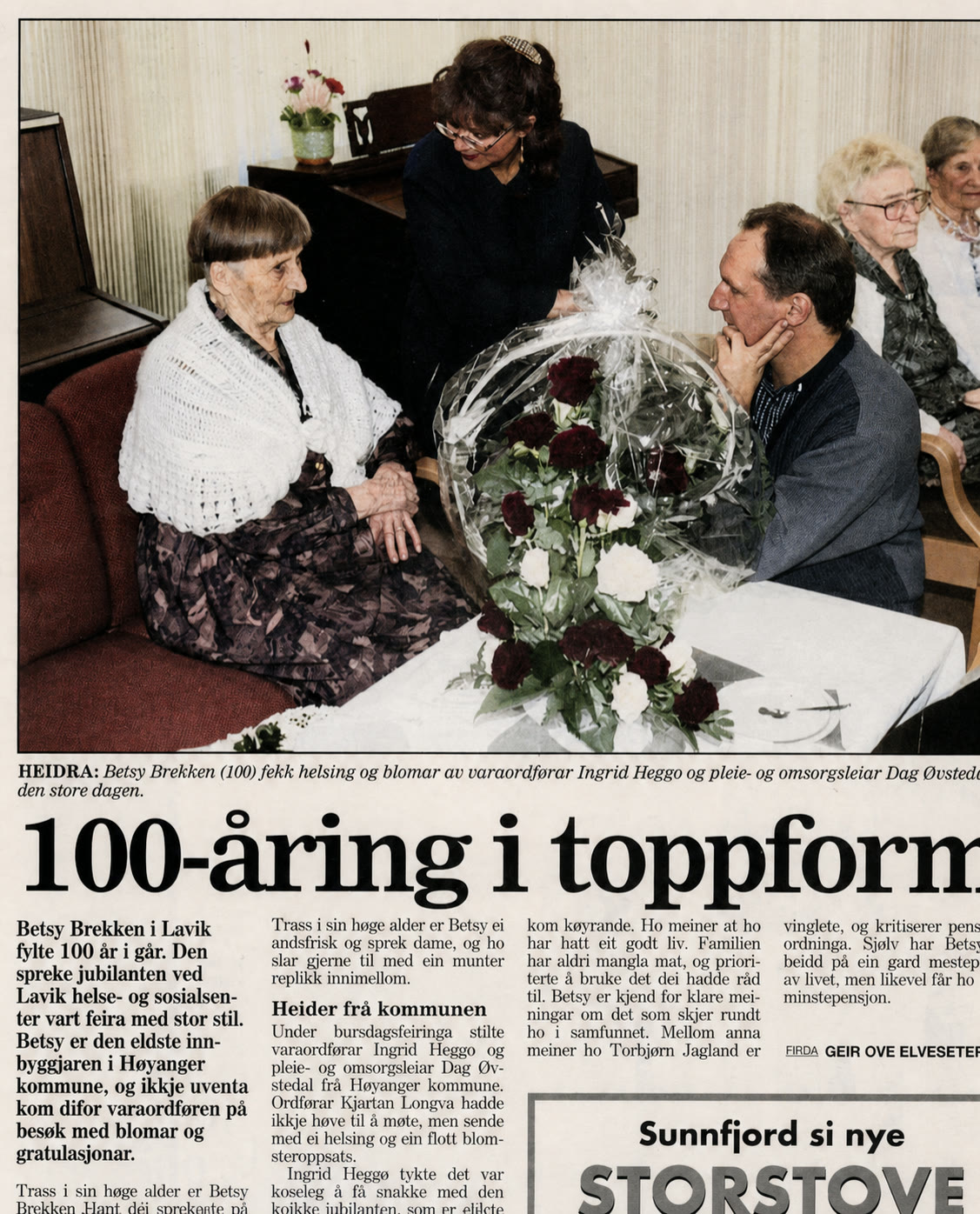 Avisutklipp fra Firda 23. april 1997 om Betsy Brekkens 100-årsdag