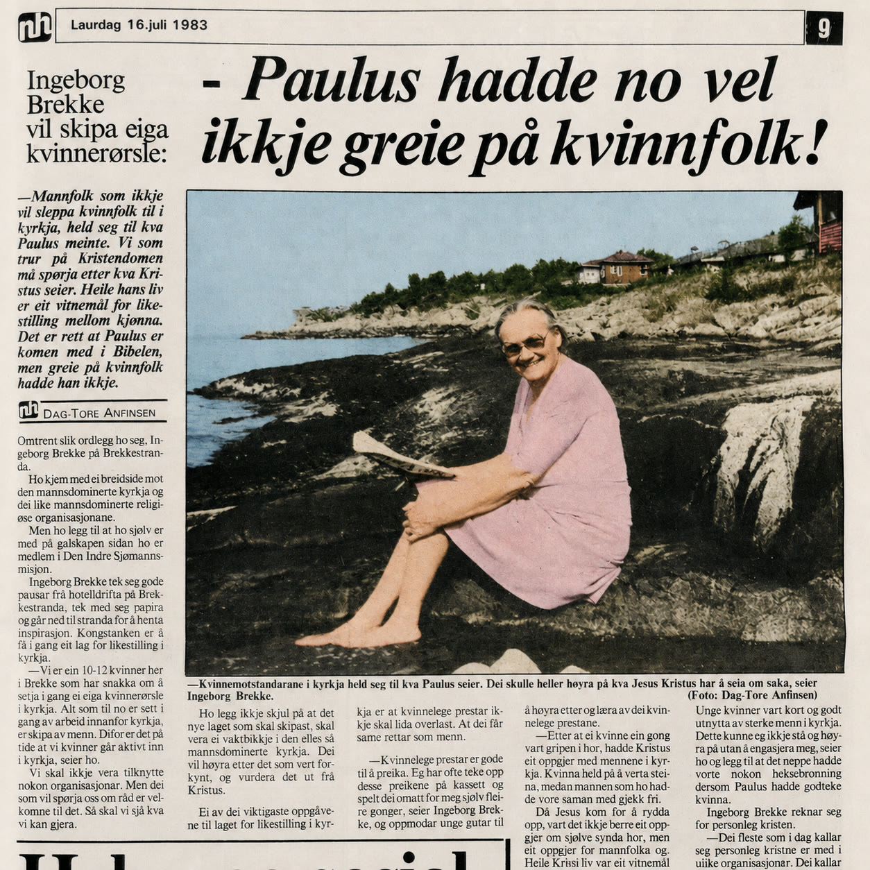 Avisutklipp fra Nordhordland 16. juli 1983 med intervju med Ingeborg Brekke