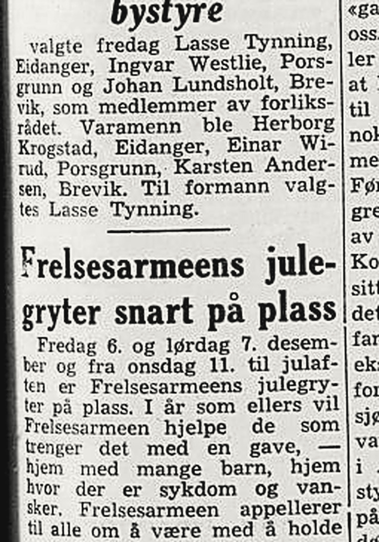 Avisnotis fra 1963 om at Lasse Tynning ble valgt til formann i forliksrådet i nye Porsgrunn.