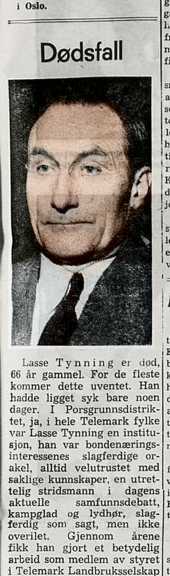 Utsnitt av Porsgrunns Dagblads minneord over Lasse Tynning i 1964, med portrett og innledningen til teksten.