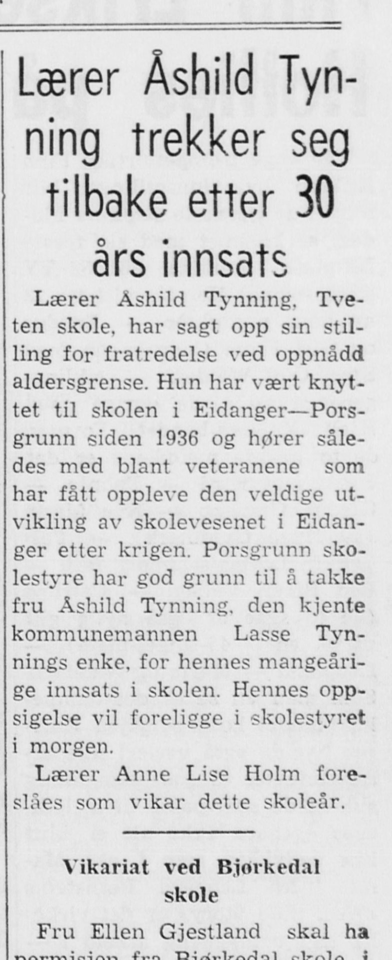 Avisutklipp fra 1967 om Åshild Tynnings avskjed etter tretti år ved Tveten skole.