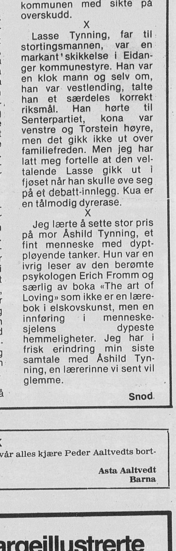 Avisutklipp fra 1981 med et personlig minne om Åshild Tynning.